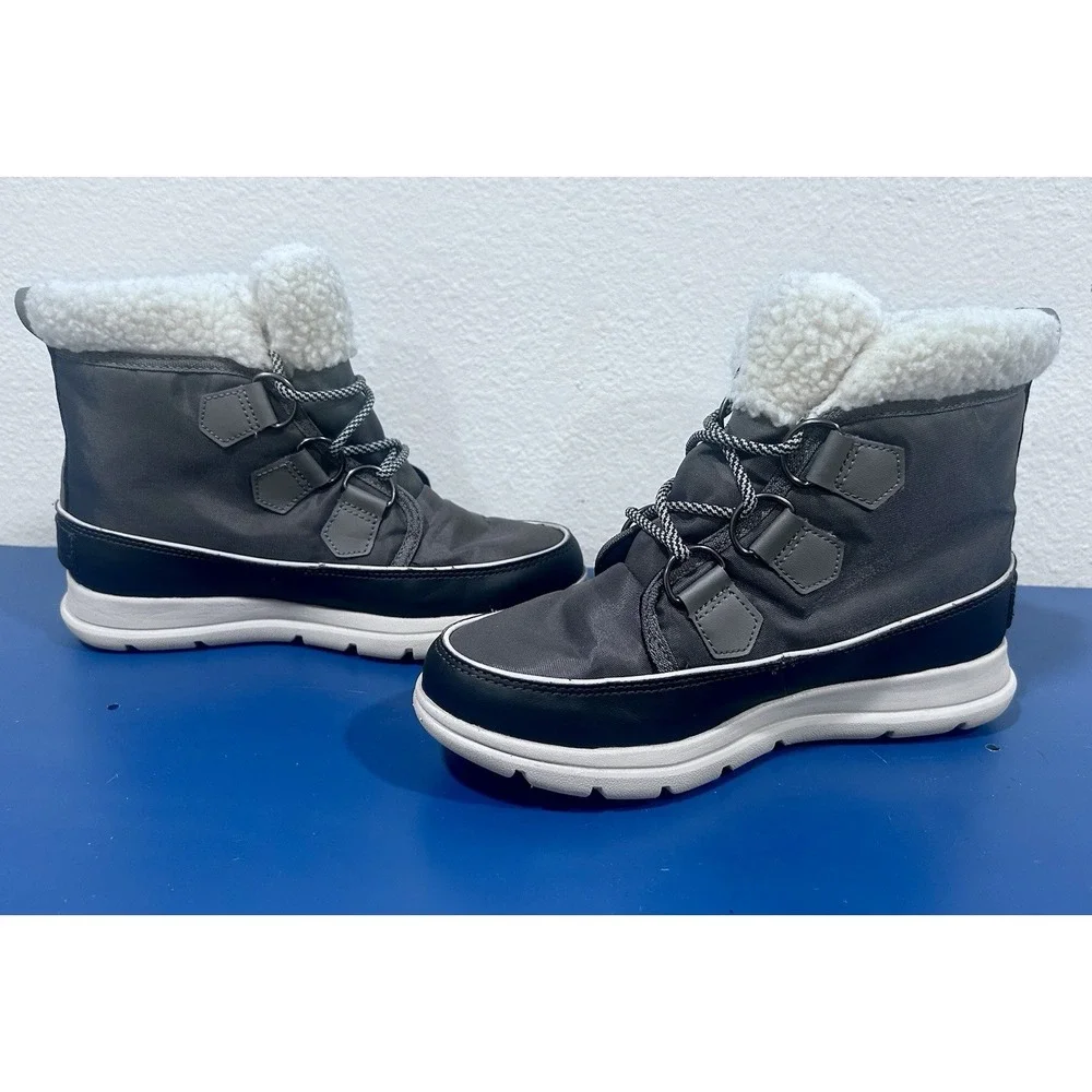 Sorel Explorer Carnival Waterproof Boots Shoes Faux Fur Collar Grey 7 Women's